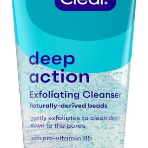 Clean & Clear Deep Action Exfoliating Facial Cleanser, Scrub & Face Wash, Pro-Vitamin B5, Lactic & Glycolic Acids, Oil-Free Gentle Daily Exfoliator for Soft, Smooth, Hydrated Skin, Vegan, 7 Fl Oz Tube
