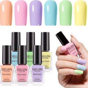 GELLEN Pastel Nail Polish, Quick Air Dry Non-gel Regular Nail Polish No Light Needed for Finger Toe & Fake Nails | 6-color Spring Summer Macaron, Apply 2 Thin Coats | Toxin TPO HEMA Free, No Chip