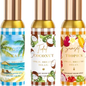 Room Spray, Tidal Coconut, Woven Ocean, Sunset Tropics, 3 Pack, Each 4 fl oz, Air Freshener for Home, Long-Lasting Odor Eliminator for Bathroom and Office