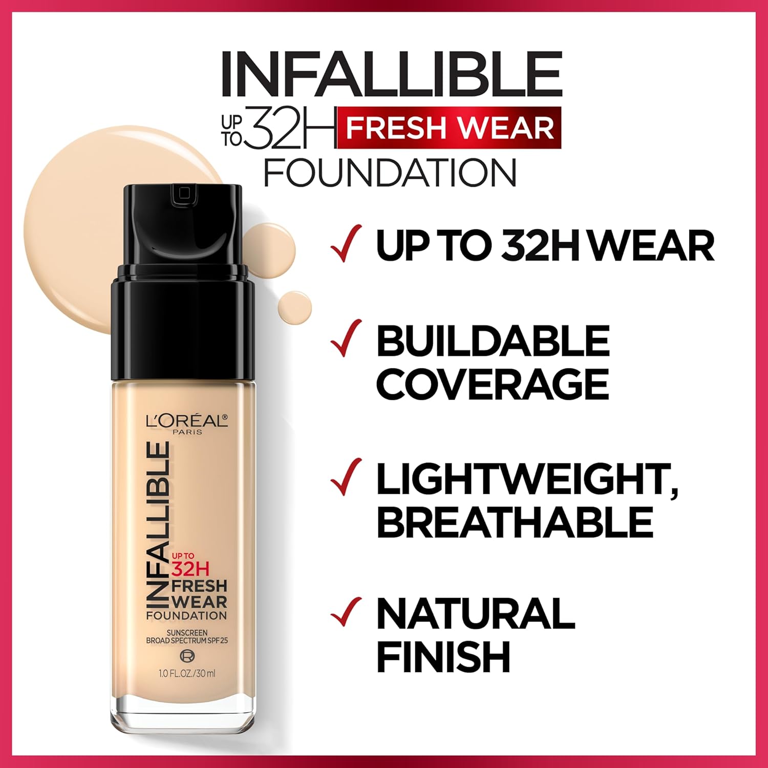 L'Oreal Paris Makeup Infallible Up to 32 Hour Fresh Wear Lightweight Foundation, 405 Porcelain, 1 Fl Oz, Packaging May Vary - Image 3